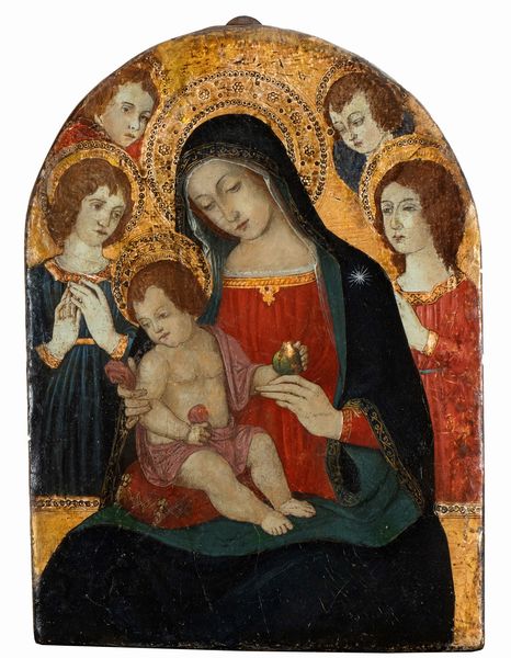 Anonimo artista nei modi di Bernardino di Betto detto il Pinturicchio : Madonna con Bambino e angeli  - Asta Dipinti dal XIV al XIX secolo, con una selezione di sculture - Associazione Nazionale - Case d'Asta italiane