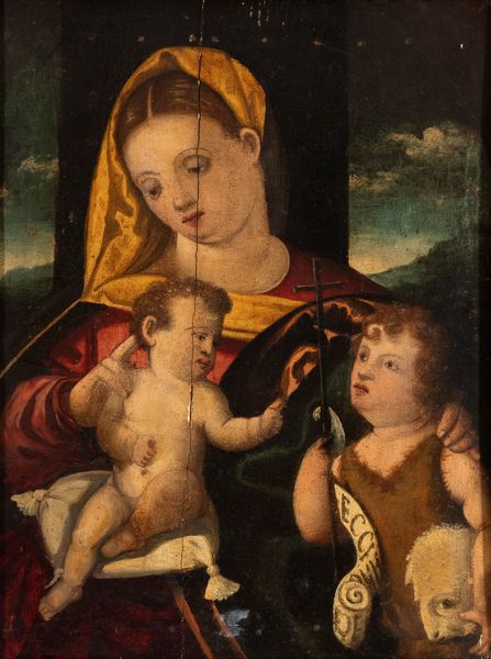 Artista veneto, prima metà XVI secolo : Madonna con Bambino e san Giovannino  - Asta Dipinti dal XIV al XIX secolo, con una selezione di sculture - Associazione Nazionale - Case d'Asta italiane