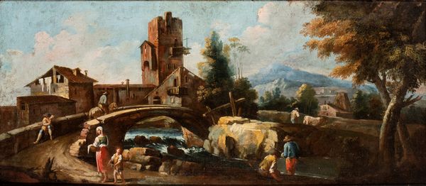 Artista veneto, XVIII secolo : Paesaggio con ponte, figure e torre  - Asta Dipinti dal XIV al XIX secolo, con una selezione di sculture - Associazione Nazionale - Case d'Asta italiane