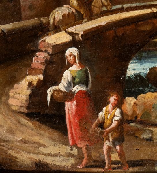 Artista veneto, XVIII secolo : Paesaggio con ponte, figure e torre  - Asta Dipinti dal XIV al XIX secolo, con una selezione di sculture - Associazione Nazionale - Case d'Asta italiane