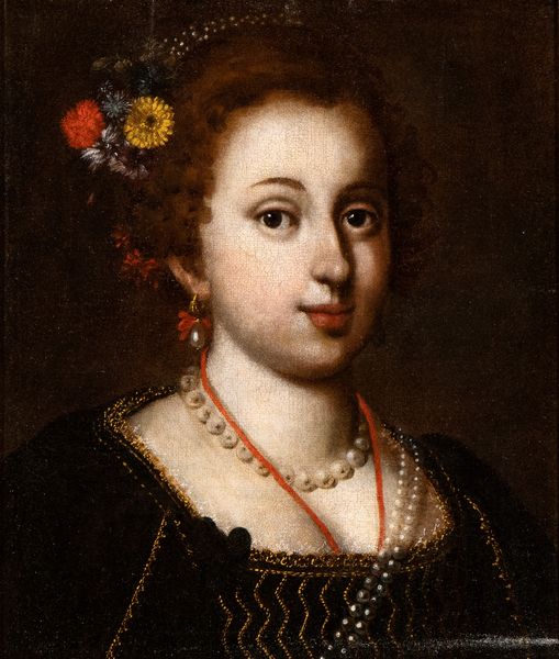 Artista napoletano, prima metà XVII secolo : Ritratto di giovinetta con perle e fiori tra i capelli  - Asta Dipinti dal XIV al XIX secolo, con una selezione di sculture - Associazione Nazionale - Case d'Asta italiane