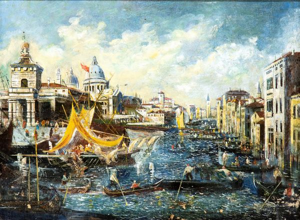 Scuola veneziana : Veduta del Canal Grande con Punta della Dogana e Santa Maria della Salute  - Asta Dipinti dal XIV al XIX secolo, con una selezione di sculture - Associazione Nazionale - Case d'Asta italiane