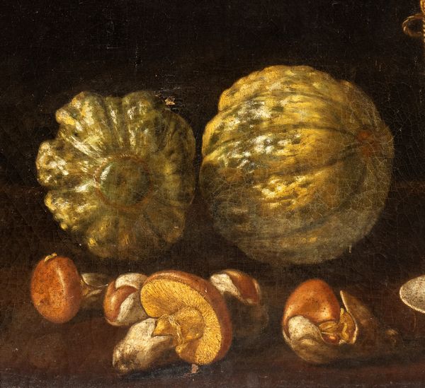 Paolo Antonio Barbieri, Attribuito a : Natura morta di funghi, zucca, pesche e uva in un catino  - Asta Dipinti dal XIV al XIX secolo, con una selezione di sculture - Associazione Nazionale - Case d'Asta italiane