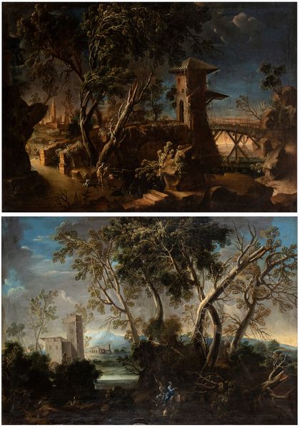 Artista attivo in Veneto, seconda metà del XVII - prima metà del XVIII secolo : a) Paesaggio con corso d'acqua, cittadella e due figure; b) paesaggio con ponte di legno. Coppia di dipinti  - Asta Dipinti dal XIV al XIX secolo, con una selezione di sculture - Associazione Nazionale - Case d'Asta italiane