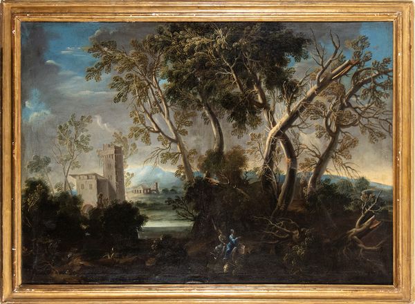 Artista attivo in Veneto, seconda metà del XVII - prima metà del XVIII secolo : a) Paesaggio con corso d'acqua, cittadella e due figure; b) paesaggio con ponte di legno. Coppia di dipinti  - Asta Dipinti dal XIV al XIX secolo, con una selezione di sculture - Associazione Nazionale - Case d'Asta italiane