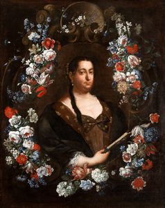 Pier Francesco Cittadini, Attribuito a - Ritratto di dama con ventaglio entro ghirlanda di fiori