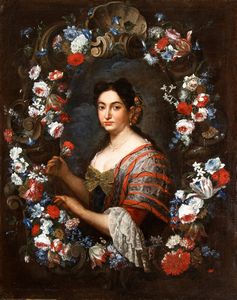 Pier Francesco Cittadini, Attribuito a - Ritratto di dama con garofano entro ghirlanda di fiori