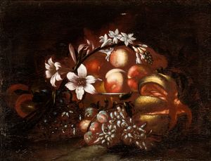 Scuola romana, prima metà XVIII secolo : a) Natura morta di frutti con rose e gelsomini; b) natura morta di frutta con giglio. Coppia di dipinti  - Asta Dipinti dal XIV al XIX secolo, con una selezione di sculture - Associazione Nazionale - Case d'Asta italiane