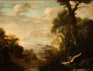 Herman van Swanevelt, Attribuito a - Paesaggio con fiume e cacciatore