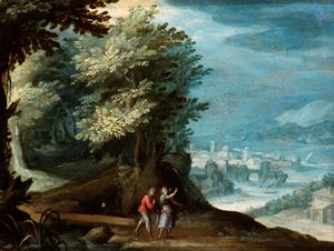 Paul Bril, Seguace di : Paesaggio con coppia di viandanti e cittadina sullo sfondo  - Asta Dipinti dal XIV al XIX secolo, con una selezione di sculture - Associazione Nazionale - Case d'Asta italiane