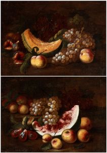 Artista attivo a Roma, prima metà XVIII secolo - a) Natura morta di melone, fichi, uva e pesche; b) natura morta di cocomero, mele, uva e pere. Coppia di dipinti