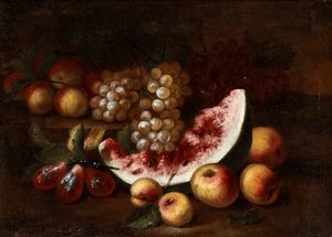 Artista attivo a Roma, prima metà XVIII secolo : a) Natura morta di melone, fichi, uva e pesche; b) natura morta di cocomero, mele, uva e pere. Coppia di dipinti  - Asta Dipinti dal XIV al XIX secolo, con una selezione di sculture - Associazione Nazionale - Case d'Asta italiane