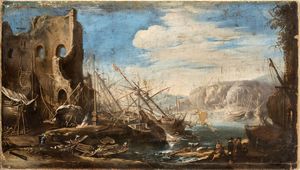 Salvator Rosa, Seguace di : Capriccio costiero con ruderi, imbarcazioni e figure  - Asta Dipinti dal XIV al XIX secolo, con una selezione di sculture - Associazione Nazionale - Case d'Asta italiane