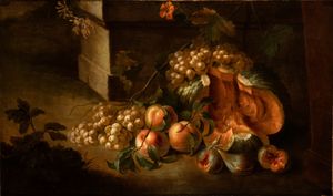 Artista attivo a Roma, XVIII secolo : Natura morta in un paesaggio con zucca, uva e pesche  - Asta Dipinti dal XIV al XIX secolo, con una selezione di sculture - Associazione Nazionale - Case d'Asta italiane