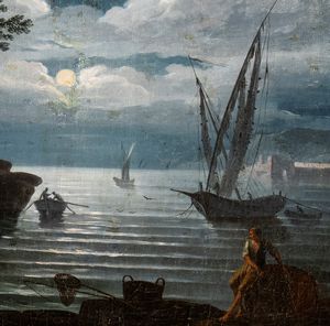 Artista francese attivo in Italia, XVIII secolo : Paesaggio costiero al chiaro di luna  - Asta Dipinti dal XIV al XIX secolo, con una selezione di sculture - Associazione Nazionale - Case d'Asta italiane