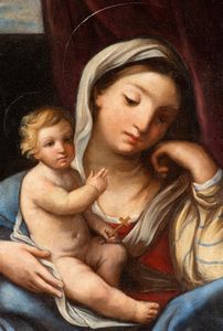 Scuola romana, XVII secolo : Madonna con bambino  - Asta Dipinti dal XIV al XIX secolo, con una selezione di sculture - Associazione Nazionale - Case d'Asta italiane