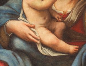 Scuola romana, XVII secolo : Madonna con bambino  - Asta Dipinti dal XIV al XIX secolo, con una selezione di sculture - Associazione Nazionale - Case d'Asta italiane