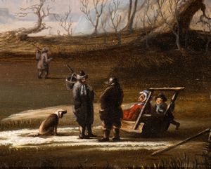 Artista fiammingo, XVIII secolo : Paesaggio invernale con lago ghiacciato e figure  - Asta Dipinti dal XIV al XIX secolo, con una selezione di sculture - Associazione Nazionale - Case d'Asta italiane