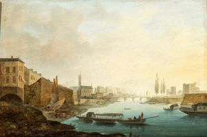 Hendrik Frans van Lint, Ambito di : Veduta cittadina con fiume, imbarcazioni e ponte sullo sfondo  - Asta Dipinti dal XIV al XIX secolo, con una selezione di sculture - Associazione Nazionale - Case d'Asta italiane