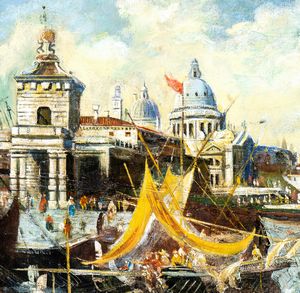 Scuola veneziana : Veduta del Canal Grande con Punta della Dogana e Santa Maria della Salute  - Asta Dipinti dal XIV al XIX secolo, con una selezione di sculture - Associazione Nazionale - Case d'Asta italiane