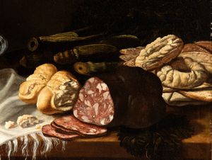 Artista emiliano, seconda metà XVII secolo : Natura morta con salame, pani, biscotti e bottiglie di vetro  - Asta Dipinti dal XIV al XIX secolo, con una selezione di sculture - Associazione Nazionale - Case d'Asta italiane