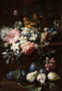 Giuseppe Volò Vincenzino, Attribuito a - Natura morta con vaso di fiori, pere e prugne