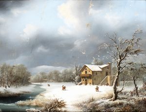 Francesco Foschi, Attribuito a - Paesaggio invernale con fiume e viandanti