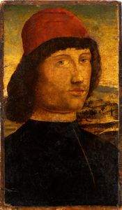 Artista veneziano, XVI secolo - Ritratto di giovane con cappello rosso