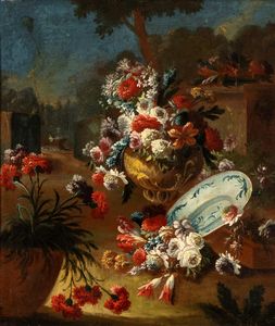 Gasparo Lopez, Attribuito a : Vasi di fiori e vasellame in un paesaggio  - Asta Dipinti dal XIV al XIX secolo, con una selezione di sculture - Associazione Nazionale - Case d'Asta italiane