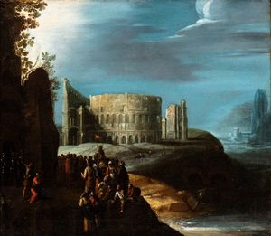 Willem  van Nieulandt II, Attribuito a : Scena di decollazione davanti al Colosseo (Martirio di San Restituto?)  - Asta Dipinti dal XIV al XIX secolo, con una selezione di sculture - Associazione Nazionale - Case d'Asta italiane