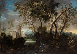 Artista attivo in Veneto, seconda metà del XVII - prima metà del XVIII secolo : a) Paesaggio con corso d'acqua, cittadella e due figure; b) paesaggio con ponte di legno. Coppia di dipinti  - Asta Dipinti dal XIV al XIX secolo, con una selezione di sculture - Associazione Nazionale - Case d'Asta italiane