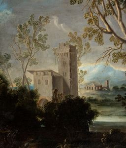 Artista attivo in Veneto, seconda metà del XVII - prima metà del XVIII secolo : a) Paesaggio con corso d'acqua, cittadella e due figure; b) paesaggio con ponte di legno. Coppia di dipinti  - Asta Dipinti dal XIV al XIX secolo, con una selezione di sculture - Associazione Nazionale - Case d'Asta italiane