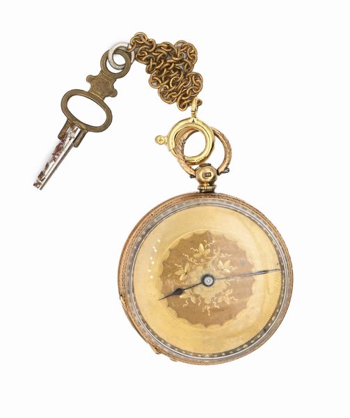 Anonimo - Orologio da tasca da uomo in oro 18 Kt con carica a chiavetta. Quadrante in metallo e cassa incisa a motivi floreali. Meccanismo a cilindro con bilanciere anulare e spirale piana  - Asta Asta a Tempo - Orologi da Tasca da Polso e da Tavolo - Associazione Nazionale - Case d'Asta italiane