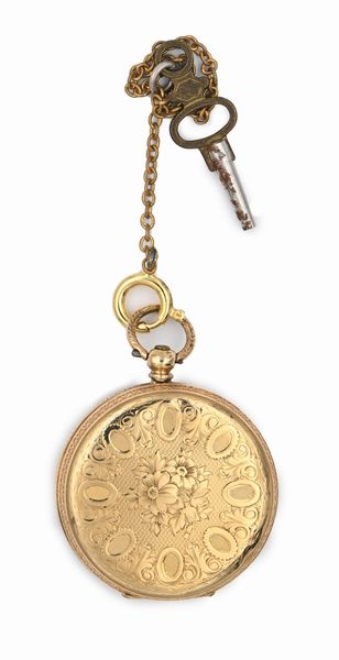 Anonimo - Orologio da tasca da uomo in oro 18 Kt con carica a chiavetta. Quadrante in metallo e cassa incisa a motivi floreali. Meccanismo a cilindro con bilanciere anulare e spirale piana  - Asta Asta a Tempo - Orologi da Tasca da Polso e da Tavolo - Associazione Nazionale - Case d'Asta italiane