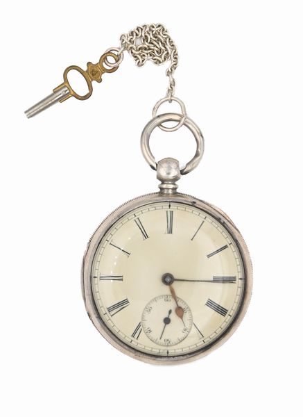 Orologio da tasca da uomo in argento con carica a chiavetta con punzoni Chester 1876. Meccanica a conoide con scappamento ad ancora, bilanciere anulare e spirale piana  - Asta Asta a Tempo - Orologi da Tasca da Polso e da Tavolo - Associazione Nazionale - Case d'Asta italiane