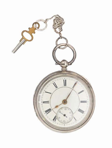 Orologio da tasca da uomo con carica a chiavetta in argento con punzoni Chester 1884. Meccanica a conoide, scappamento ad ancora e bilanciere bimetallico con spirale piana  - Asta Asta a Tempo - Orologi da Tasca da Polso e da Tavolo - Associazione Nazionale - Case d'Asta italiane