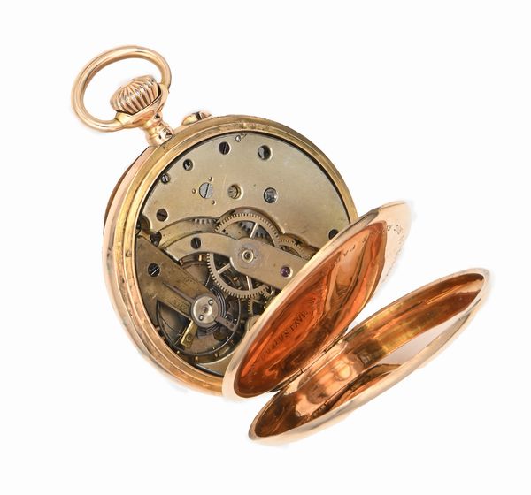 Gustave Roger Sandoz a Paris - Orologio da tasca remontoir da uomo in oro con stemma nobiliare inciso sulla cassa. Scappamento ad ancora bilanciere bimetallico spirale piana  - Asta Asta a Tempo - Orologi da Tasca da Polso e da Tavolo - Associazione Nazionale - Case d'Asta italiane