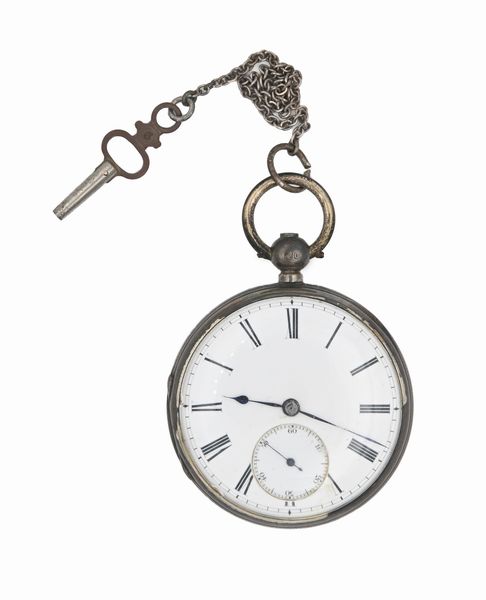 Orologio da tasca con carica a chiavetta da uomo, cassa in argento con monogramma inciso, punzoni Londra 1869. Meccanica a conoide con scappamento ad ancora, bilanciere anulare e spirale piana  - Asta Asta a Tempo - Orologi da Tasca da Polso e da Tavolo - Associazione Nazionale - Case d'Asta italiane