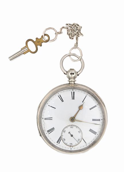 Orologio da tasca con carica a chiavetta da uomo in argento con punzoni Londra 1877. Meccanica a conoide, scappamento ad ancora con bilanciere bimetallico e spirale  - Asta Asta a Tempo - Orologi da Tasca da Polso e da Tavolo - Associazione Nazionale - Case d'Asta italiane