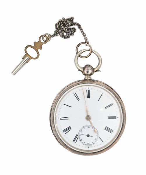 Orologio da tasca a chiavetta da uomo in argento con punzoni Londra 1876. Meccanica a conoide con scappamento ad ancora, bilanciere anulare e spirale piana  - Asta Asta a Tempo - Orologi da Tasca da Polso e da Tavolo - Associazione Nazionale - Case d'Asta italiane