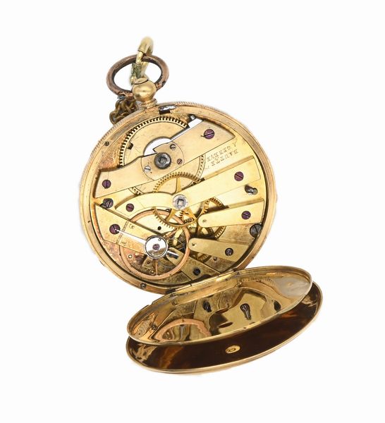 Bautte a Geneve - Orologio da tasca da uomo in oro con quadrante in metallo. Scappamento a cilindro, bilanciere anulare e spirale piana  - Asta Asta a Tempo - Orologi da Tasca da Polso e da Tavolo - Associazione Nazionale - Case d'Asta italiane