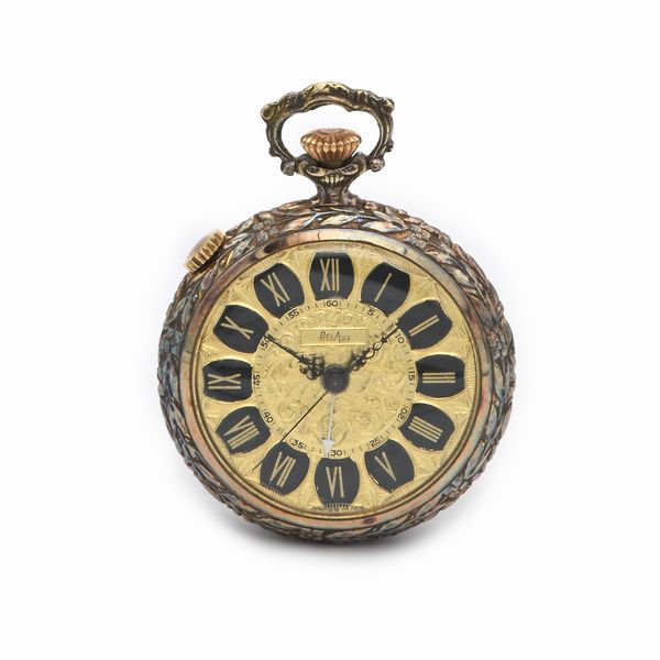 Bel Art - Orologio con svegliarino da tasca remontoir in metallo dorato, con secondimetro al centro  - Asta Asta a Tempo - Orologi da Tasca da Polso e da Tavolo - Associazione Nazionale - Case d'Asta italiane