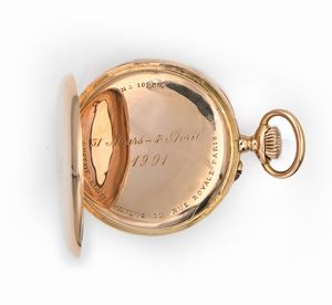 Gustave Roger Sandoz a Paris - Orologio da tasca remontoir da uomo in oro con stemma nobiliare inciso sulla cassa. Scappamento ad ancora bilanciere bimetallico spirale piana  - Asta Asta a Tempo - Orologi da Tasca da Polso e da Tavolo - Associazione Nazionale - Case d'Asta italiane