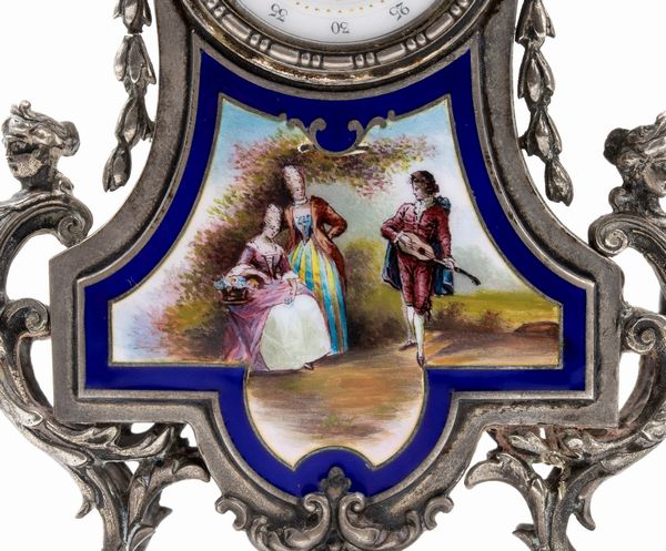 Orologio da tavolo in argento e smalti  - Asta Piccoli Orologi da tavolo Art Dco e Saliere d'Epoca dalle Collezioni Melandri di Objets de Vertu - Associazione Nazionale - Case d'Asta italiane