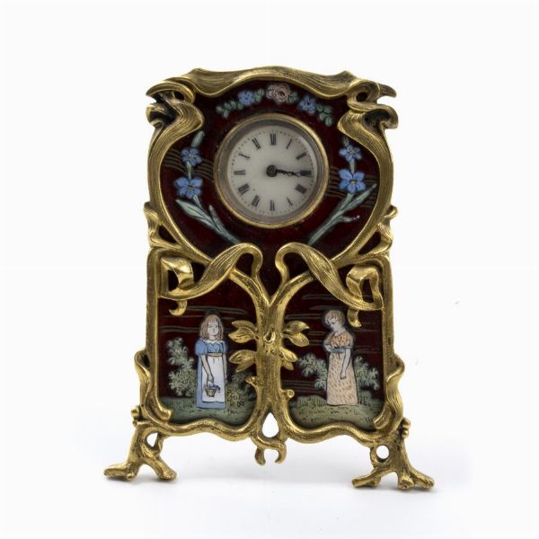 Orologio da tavolo Art Nouveau con smalti  - Asta Piccoli Orologi da tavolo Art Dco e Saliere d'Epoca dalle Collezioni Melandri di Objets de Vertu - Associazione Nazionale - Case d'Asta italiane