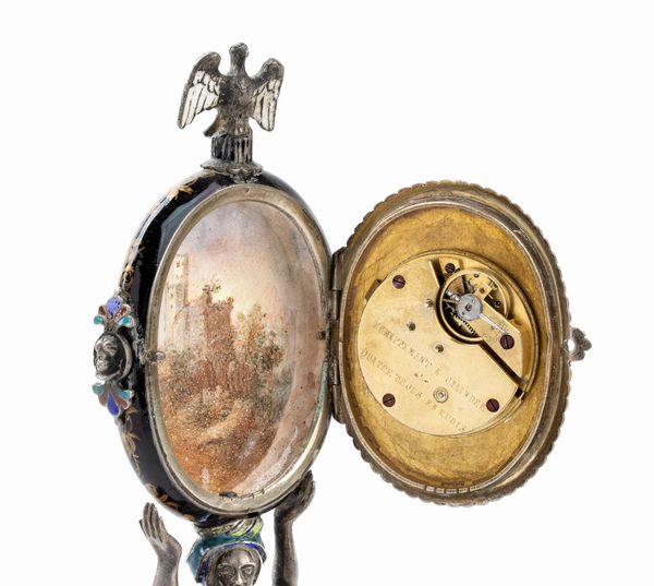 Orologio da tavolo in argento e smalti  - Asta Piccoli Orologi da tavolo Art Dco e Saliere d'Epoca dalle Collezioni Melandri di Objets de Vertu - Associazione Nazionale - Case d'Asta italiane