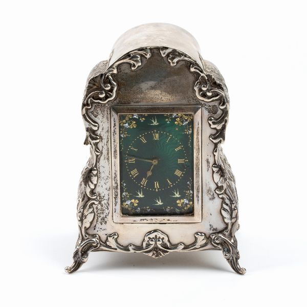 William Comyns & Sons Ltd (Richard Comyns) : Orologio da tavolo Art Dco in argento e smalti  - Asta Piccoli Orologi da tavolo Art Dco e Saliere d'Epoca dalle Collezioni Melandri di Objets de Vertu - Associazione Nazionale - Case d'Asta italiane