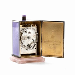 E. Mathey Tissot & Co. per Tiffany & Co : Orologio da tavolo Art Dco con ripetizione a minuti in argento e smalti  - Asta Piccoli Orologi da tavolo Art Dco e Saliere d'Epoca dalle Collezioni Melandri di Objets de Vertu - Associazione Nazionale - Case d'Asta italiane