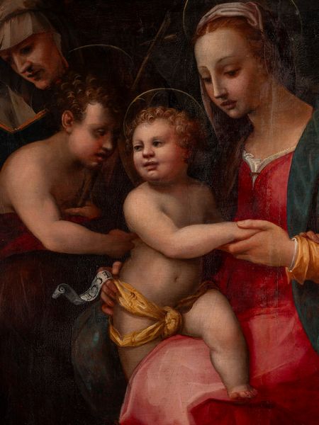 Scuola fiorentina, secolo XVI : Madonna con Bambino, San Giovannino e Sant'Anna  - Asta Arredi e Dipinti Antichi da una Dimora Lombarda - Associazione Nazionale - Case d'Asta italiane