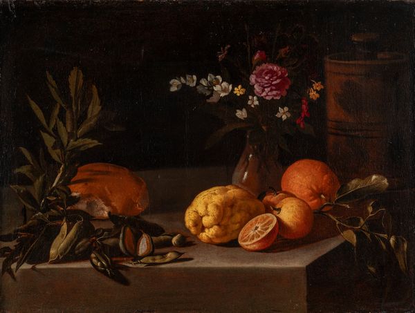 Attribuito a Luca Forte (Napoli, 1600/1605 – 1670) : Agrumi, vaso di fiori, legumi e pagnotta su un piano  - Asta Arredi e Dipinti Antichi da una Dimora Lombarda - Associazione Nazionale - Case d'Asta italiane